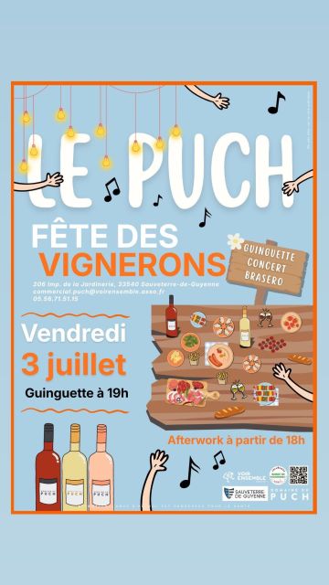 Affiche de la fête des vignerons, bleue avec des bouteilles de vin, une guirlande et une table avec de la nourriture
